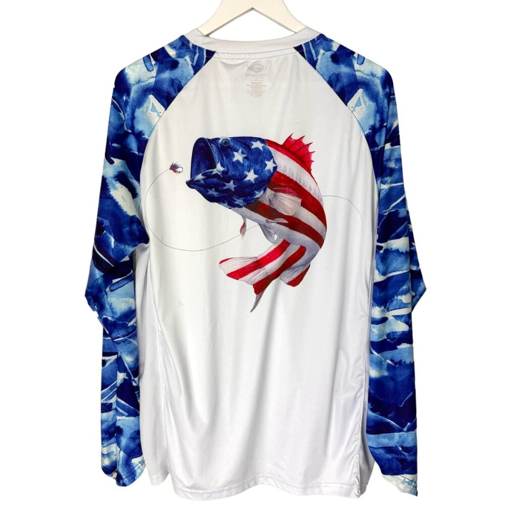 Palmyth Shirt Mens Large Fishing Blue Camo Flag Long Sleeve Crewneck Outdoor